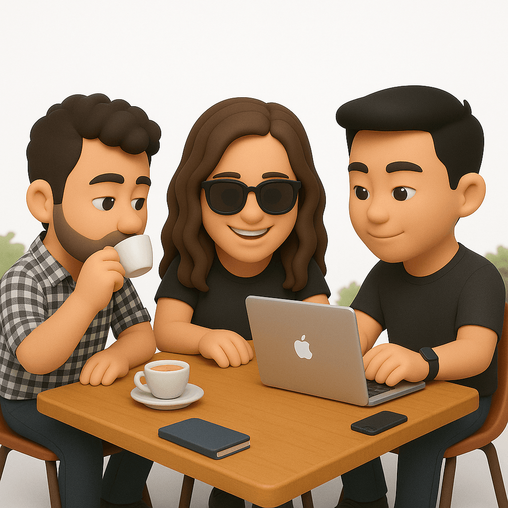 AI avatars of three friends at a cafe table