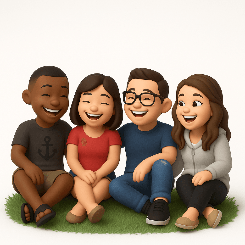 AI avatars of four friends sitting on grass